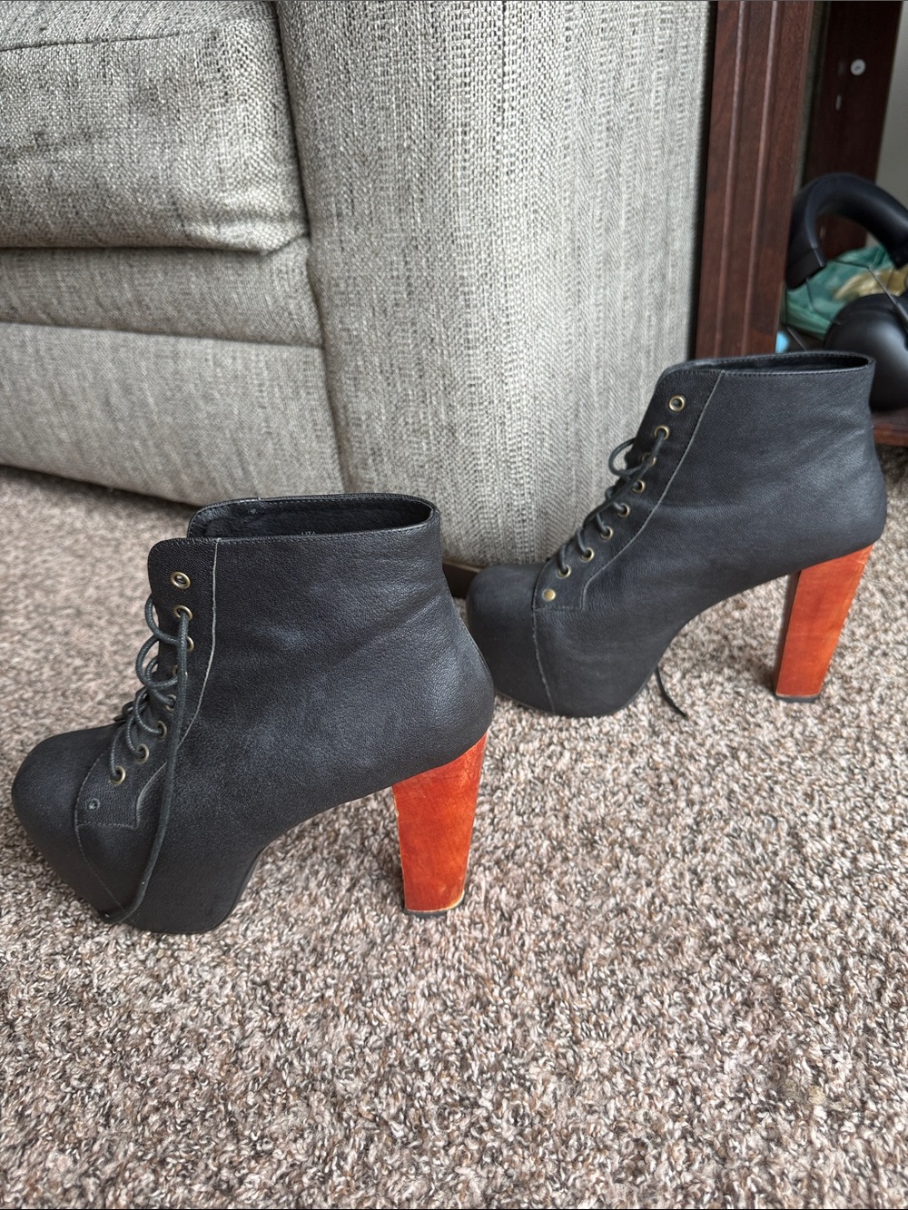 Jeffrey Campbell Lita Booties Black Leather Wood Heel - Picture 5 of 11